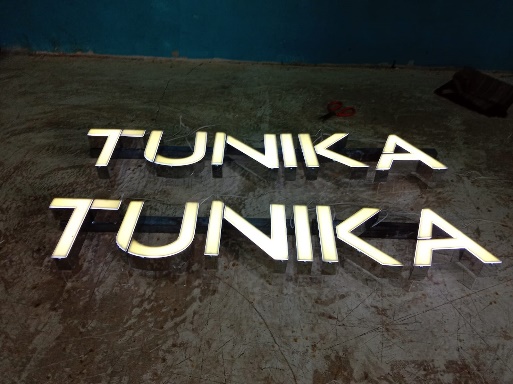 Huruf Timbul Acrylic Cover Plat Stainless Gold Plus Lis LED